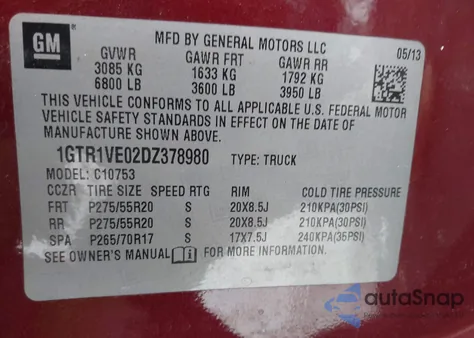 2013 GMC Sierra 1500 Sle z USA, uszkodzony, nr VIN 1GTR1VE02DZ378980